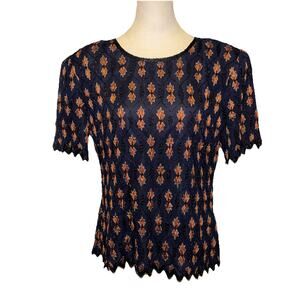 Vintage Stenay Silk Beaded Sequin Top Women's Size XL‎ Navy/Orange Short Sleeve